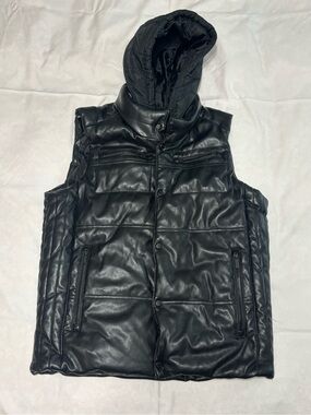 Sean John Black Faux Leather Hooded Puffer Vest Mens M